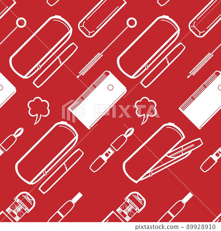 Seamless pictograms of tobacco heaters and white accessories on a red background Seamless pictograms of tobacco heaters and white accessories on a red background 89928910