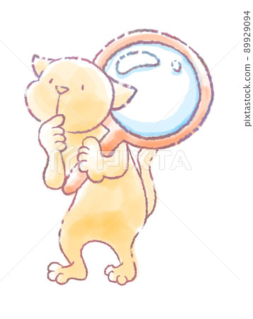 Cute hand-drawn character illustration of a cat holding a magnifying glass and thinking 89929094