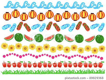 Summer images such as watermelons, lanterns, waves and flip-flops in pastel and decorative ruled line set materials such as apples and grass Summer images such as watermelons, lanterns, waves and flip-flops in pastel and decorative ruled line set materials such as apples and grass 89929368