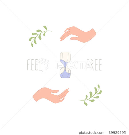 Magic postcard with herbs and hand and hourglass Magic postcard with herbs and hand and hourglass 89929395