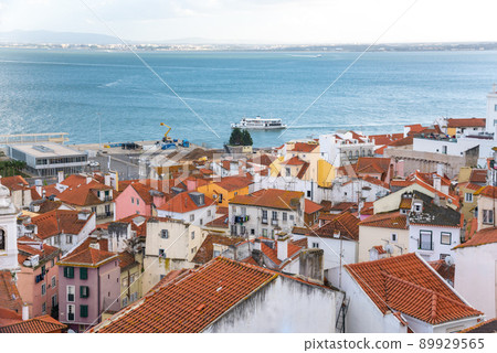 Lisbon historical center skyline and the sea. Streets at summer day 89929565