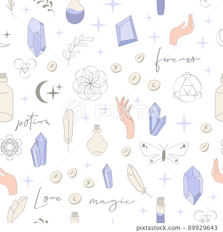 Boho Witch and Magic pattern with hand, crystal and symbols Boho Witch and Magic pattern with hand, crystal and symbols 89929643