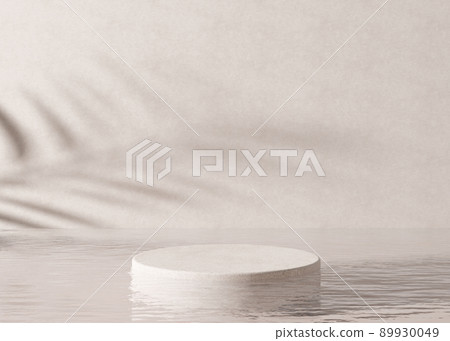 Podium standing in water, with palm shadow, on the cream background. Beautiful mock up for product, cosmetic presentation. Pedestal or platform for beauty products. Empty scene, stage. 3D rendering. 89930049