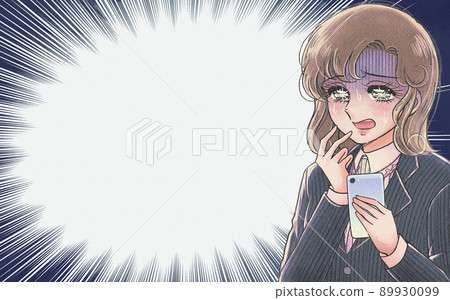 看到引人注目的智能手機而震驚的少女漫畫插圖OL 89930099