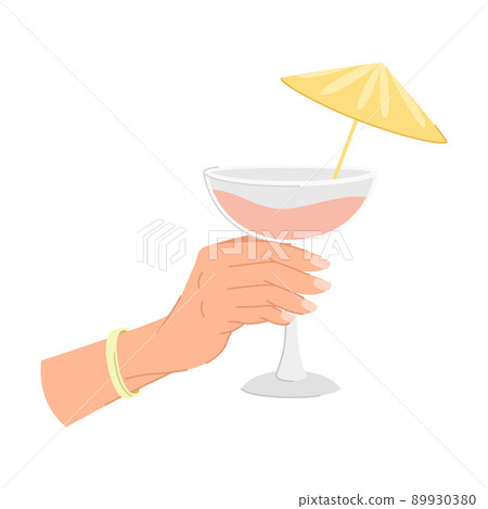 Female Hand Holding Glassware with Cocktail and Umbrella Vector Illustration 89930380