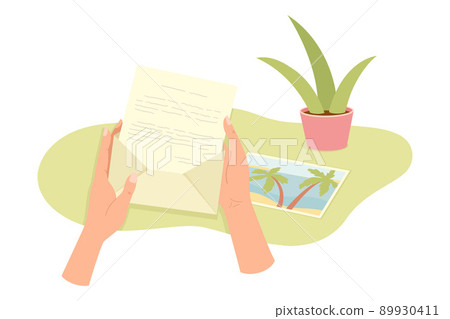 Human Hands Opening Envelope and Reading Letter with Postcard Vector Illustration 89930411