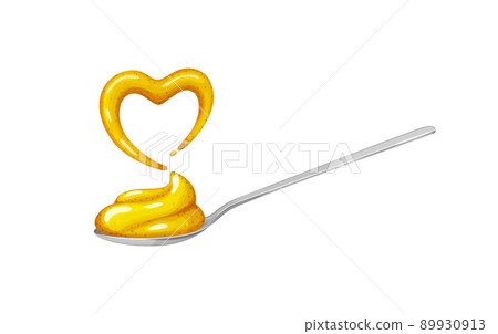 Spoon with yellow mustard sauce und heart shaped splash.Realistic vector 89930913