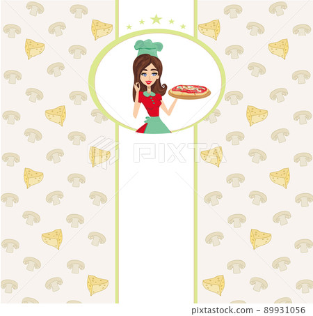 smiling waitress serving pizza, place for your text smiling waitress serving pizza, place for your text 89931056