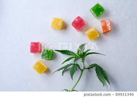 Layout of colorful marmalade and marijuana plant on white textured background Layout of colorful marmalade and marijuana plant on white textured background 89931340