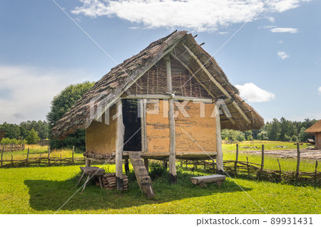 Celtic elevated house built on stilts with straw thatched roof at Celtic open air museum in Nasavrky, Czech republic 89931431