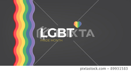 Happy pride month horizontal banner with pride color wave ribbon flag isolated on grey background. LGBT Pride month or pride day poster, flyer, invitation party card modern style design template. 89931583