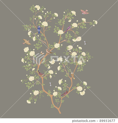 Camellia blossom tree With sparrow, finches, butterflies, dragonflies. 89931677