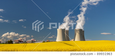 Nuclear Power Plant Temelin, Cooling towers with white water vapor in the landscape, Czech republic 89931963