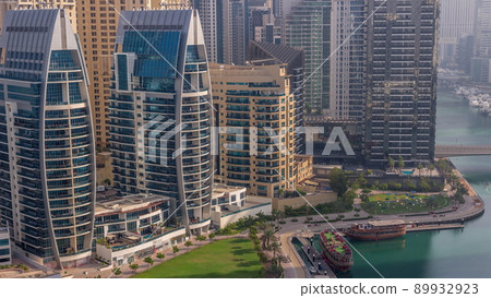 Dubai Marina skyscrapers and JBR district with luxury buildings and resorts aerial timelapse 89932923