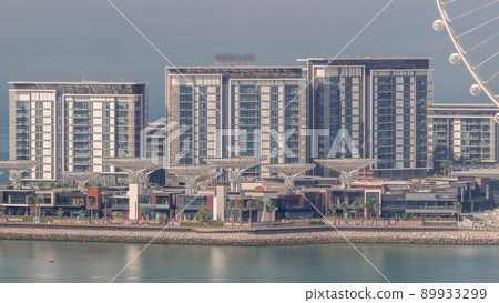 Bluewaters island with modern architecture and ferris wheel aerial timelapse. 89933299