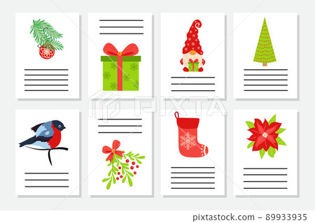 Set of Christmas greeting or invitation. Postcards with New Years symbols, Christmas tree, snowflakes, gifts, candy cane, sleigh and more. Set of Christmas greeting or invitation. Postcards with New Years symbols, Christmas tree, snowflakes, gifts, candy cane, sleigh and more. 89933935