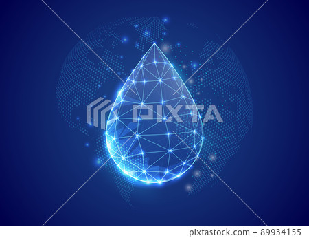 Water drop 3d low poly symbol with blue world map background. Droplet concept design illustration. Oil drop polygonal symbol with connected dots 89934155