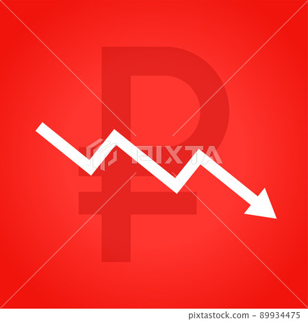 downward arrow of ruble falling 89934475