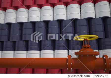 Oil pipe and barrels with painted flag of Thailand. Petroleum industry related 3d rendering Oil pipe and barrels with painted flag of Thailand. Petroleum industry related 3d rendering 89935256