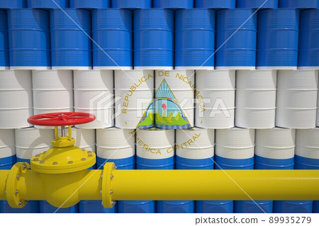 Gas pipe and barrels with petrochemicals with flag of Nicaragua. Petroleum industry related 3d rendering Gas pipe and barrels with petrochemicals with flag of Nicaragua. Petroleum industry related 3d rendering 89935279