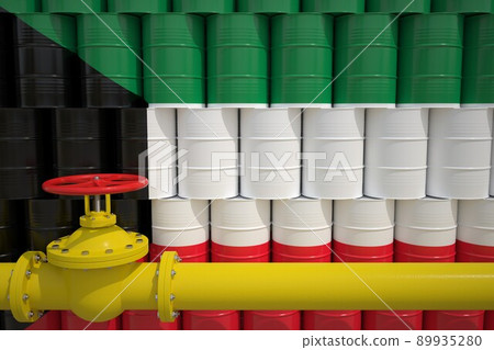 Gas pipe and barrels with petrochemicals with flag of Kuwait. Petroleum industry related 3d rendering 89935280
