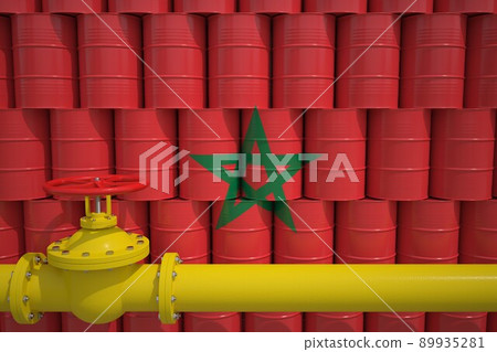 Barrels with flag of Morocco and gas transportation pipe. 3d rendering Barrels with flag of Morocco and gas transportation pipe. 3d rendering 89935281