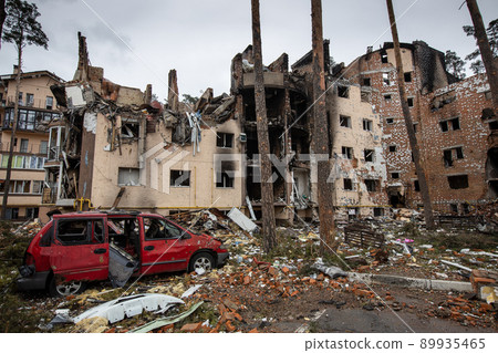 Irpin, Kyev region Ukraine - 09.04.2022: Cities of Ukraine after the Russian occupation. Destroyed buildings on the streets of Irpen. Broken, shelled windows. Buildings after being hit by missiles. 89935465