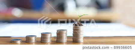 Coins by height lie on the table, green sprout on the money 89936605