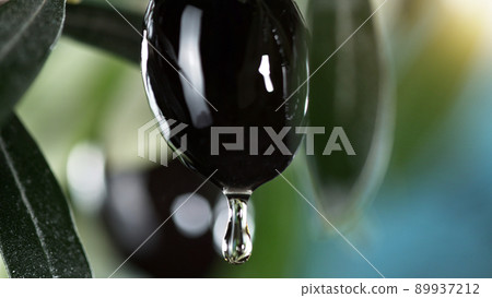 Olive oil drops from black olive berry close up, macro shot. 89937212