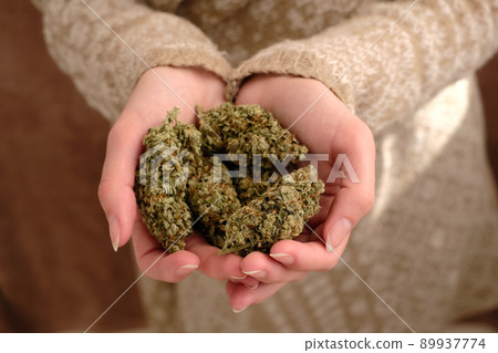 Close up of cannabis bud in young woman`s hands on a brown background. Medical marijuana use concept. 89937774