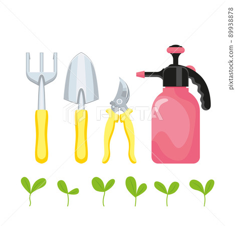 Vector set of gardening tool images. Care instruction symbols. Flat style. Vector set of gardening tool images. Care instruction symbols. Flat style. 89938878