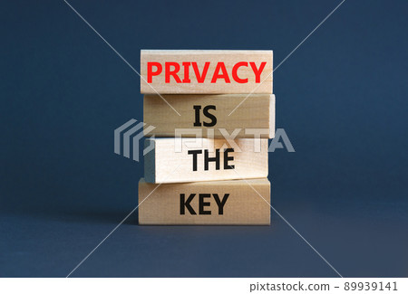 Privacy is the key symbol. Concept words Privacy is the key on wooden blocks on a beautiful grey table grey background. Business, finacial and privacy is the key concept. 89939141
