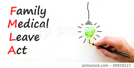 FMLA family medical leave act symbol. Concept words FMLA family medical leave act on wooden cubes on on beautiful white background. Businessman hand. Medical FMLA family medical leave act concept. 89939223