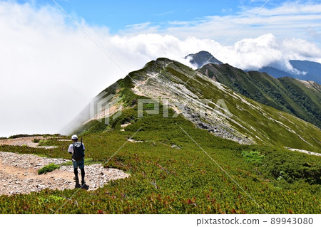 挑戰從大天照山到約能山的山路的登山者。雲湧向山脊 89943080
