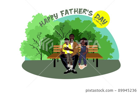 Happy African American family sits on a park bench in sunny weather vector illustration 89945236