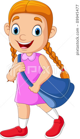 Cartoon school girl with backpack go to school 89945477