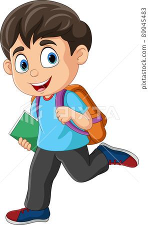 Cartoon little boy with backpack and book running 89945483