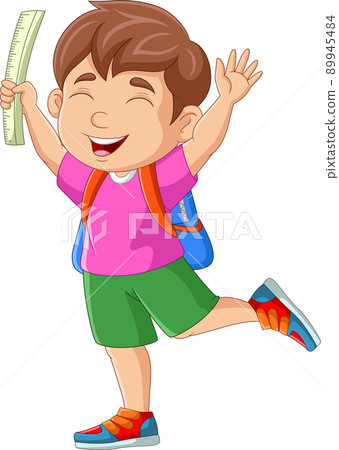 Cartoon happy boy with backpack and ruler Cartoon happy boy with backpack and ruler 89945484