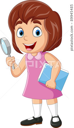 Cute little girl holding a book and magnifying glass 89945485