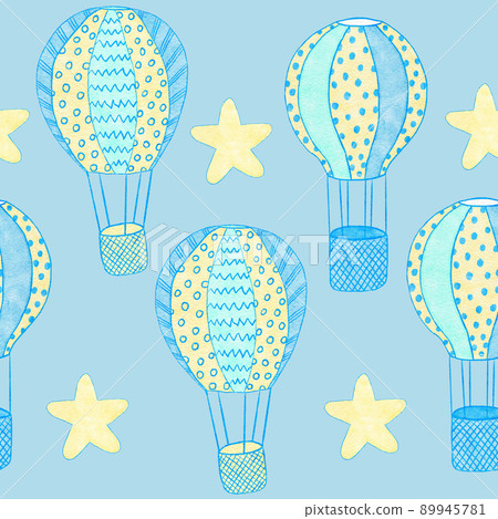 Watercolor hand drawn seamless pattern of blue boy baby shower fabric print. Pastel nursery stars rainbow balloons clouds. Cute kawaii birthday invite invitation illustration design transport car. 89945781