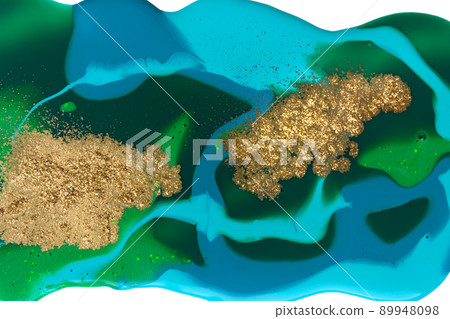 Gold spots on flow blue paints abstract background 89948098