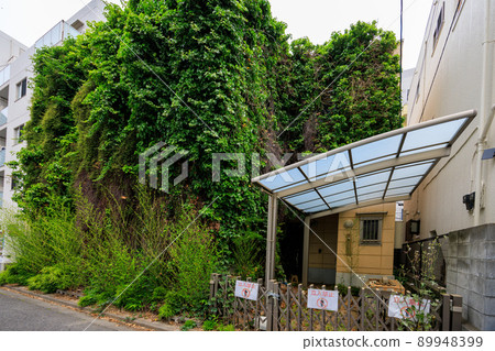 An empty house covered with plants in a residential area An empty house covered with plants in a residential area 89948399