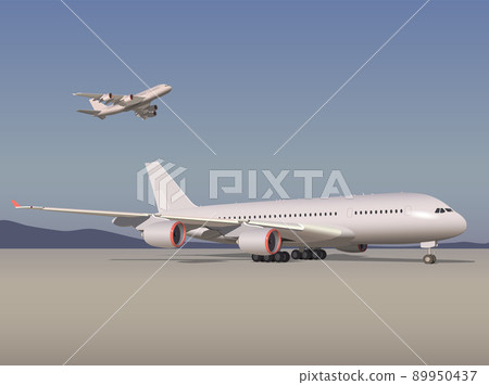 Aircraft at the airport, against the backdrop of a sunny sky and mountains. Vector. Aircraft at the airport, against the backdrop of a sunny sky and mountains. Vector. 89950437