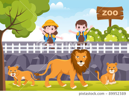 Zoo Cartoon Illustration with Safari Animals Lion, Tiger, Cage and Visitors on Territory on Forest Background Design Zoo Cartoon Illustration with Safari Animals Lion, Tiger, Cage and Visitors on Territory on Forest Background Design 89952389