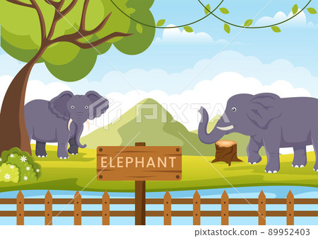 Zoo Cartoon Illustration with Safari Animals Elephant, Cage and Visitors on Territory on Forest Background Design Zoo Cartoon Illustration with Safari Animals Elephant, Cage and Visitors on Territory on Forest Background Design 89952403