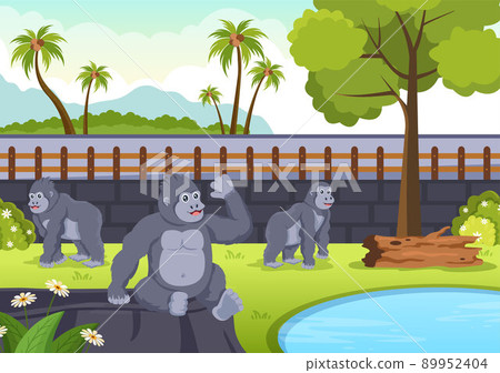 Zoo Cartoon Illustration with Safari Animals Gorilla, Cage and Visitors on Territory on Forest Background Design Zoo Cartoon Illustration with Safari Animals Gorilla, Cage and Visitors on Territory on Forest Background Design 89952404