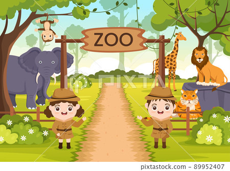 Zoo Cartoon Illustration with Safari Animals Elephant, Giraffe, Lion, Monkey, Panda, Zebra and Visitors on Territory on Forest Background Zoo Cartoon Illustration with Safari Animals Elephant, Giraffe, Lion, Monkey, Panda, Zebra and Visitors on Territory on Forest Background 89952407