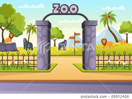 Zoo Cartoon Illustration with Safari Animals Elephant, Giraffe, Lion, Monkey, Panda, Zebra and Visitors on Territory on Forest Background 89952408