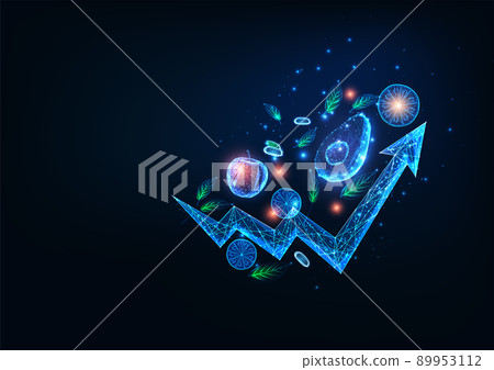 Abstract food price rise concept with glowing low poly grocery vegetable and fruit and arrow chart Abstract food price rise concept with glowing low poly grocery vegetable and fruit and arrow chart 89953112