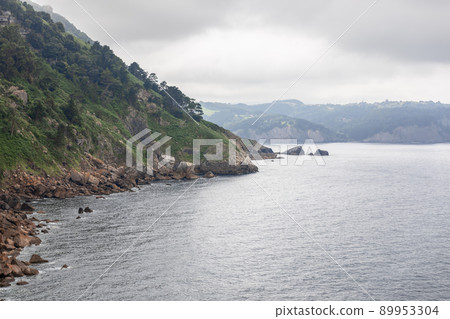 Almost sheer cliffs of Cabo Antzoriz, overgrown with bright green moss and small shrubs Almost sheer cliffs of Cabo Antzoriz, overgrown with bright green moss and small shrubs 89953304